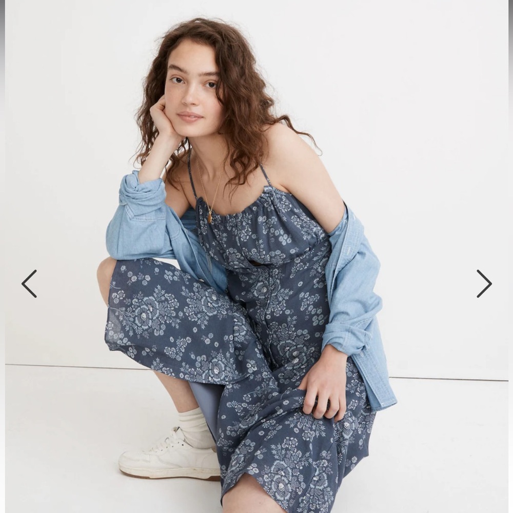 Madewell blue floral print midi dress buttons up the middle & adjustable straps